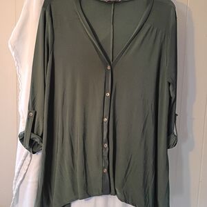 Elegant Olive Button-Down V-Neck Shirt